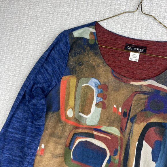 Mode Vin Rouge Women's XL Abstract Art AOP Shirt Top Canada Made Asymmetrical - Picture 3 of 15